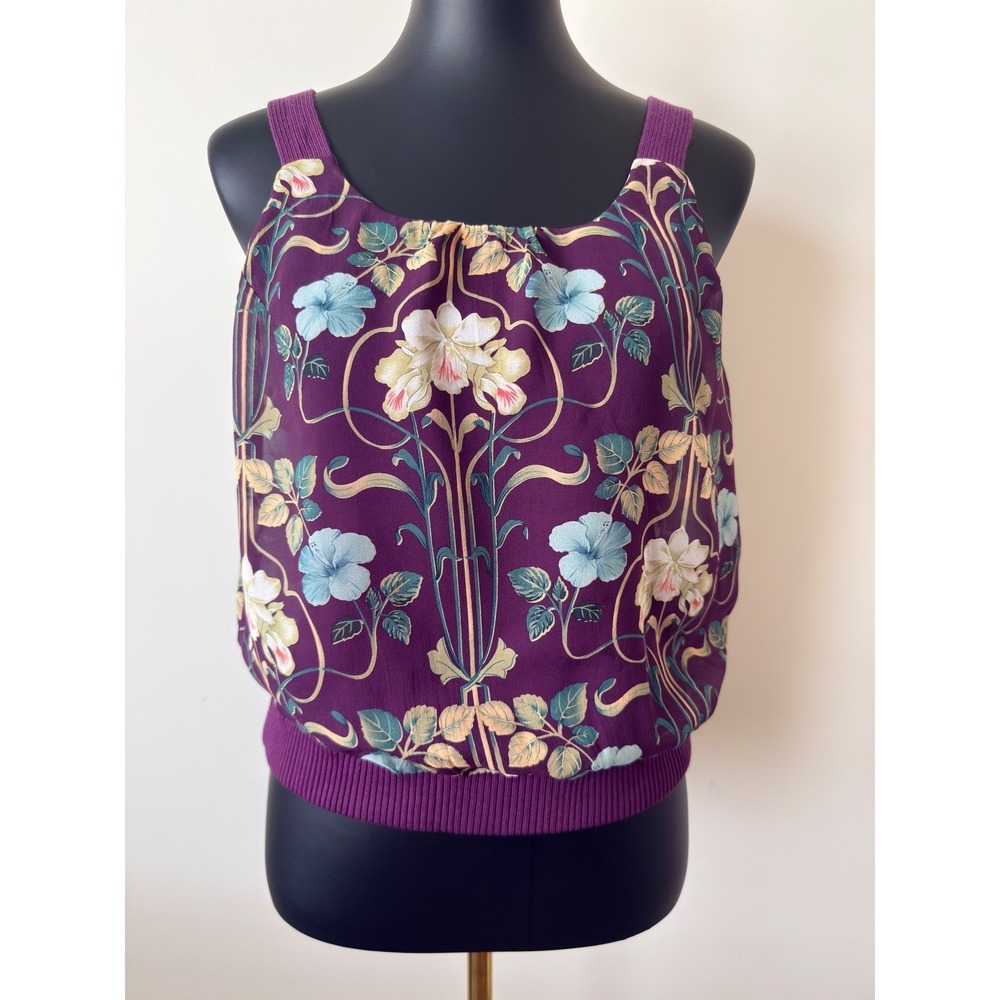 Tommy Bahama Womens Purple Silk Art Nouveau Floral Ribbed Tank Top Blouse Small